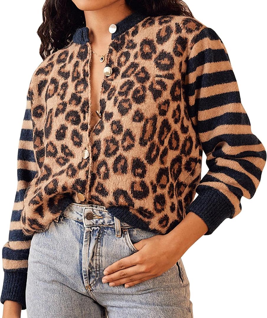 Women's Leopard Striped Cardigan Open Front Color Block Button Down Knit Sweater Fall Cropped Coat (XL) Women's Leopard Striped Cardigan Open Front Color Block Button Down Knit Sweater Fall Cropped Coat (XL)