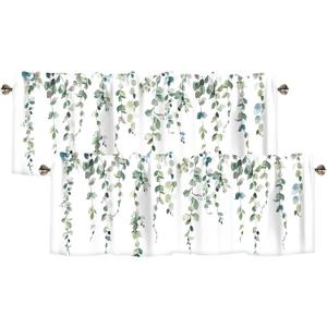 Green Eucalyptus Leaves Curtain Valance for Windows Watercolor Green Rod Pocket Window Treatments 2 Panels Short Curtains for Kitchen Windows Bathroom Bedroom,54 x 18 Inch