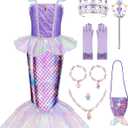 Meland Mermaid Dress - Little Mermaid Costume with Bag for Girls 3-10, Princess Dress Up for Birthday Gift, Halloween Costume
