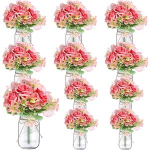 10 Sets Mason Jars Flower Table Centerpiece with Pink Rose Hydrangea Artificial Flowers Jars for Wedding Engagement Dining Party Kitchen Living Baby Bridal Shower