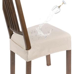SearchI Waterproof Dining Chair Seat Covers Set of 6, Washable Stretch Jacquard Seat Covers for Dining Chairs, Dining Room Seat Cover Protector (Rear-Covered, Beige Jacquard)