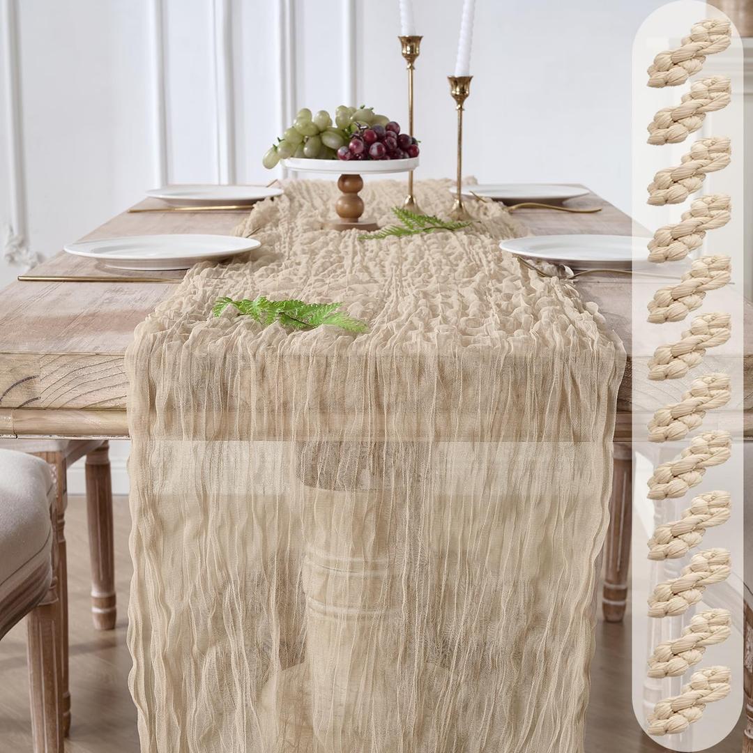 12 Pack Tan Beige Cheesecloth Table Runners, 120 Inch 10Ft Gauze Table Runner for Wedding Birthday Party Baby Shower Decorations