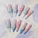 3 x 3D Floral Press On Nails Long Stiletto Fake Nails Elegant Handmade Ombre Nail Art with Lilies Flowers Designs, Multi-Layer Gel Reusable Acrylic Nails for Women (3D Lily Ombre, M)