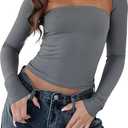 Women 2 Piece Long Sleeve Y2K Cardigan Bolero Shrug Set Strapless Going Out Crop Top 2023 Fashion T-Shirt Tank Tops (Gray)