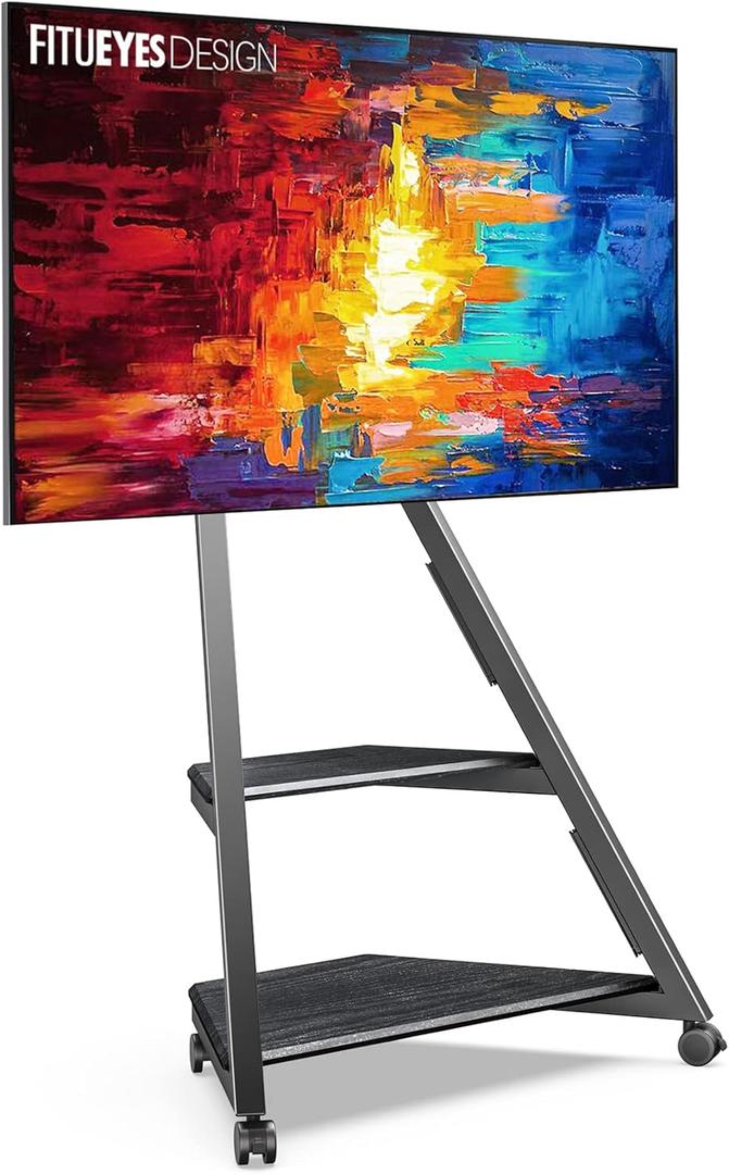 FITUEYES Design Corner TV Stand for 32 43 50 55 65 Inch TVs, Small Spaces Floor TV Stand Rolling TV Cart for LCD/LED Flat Curved Screens, Modern Living Room Television Stands, Eiffel Series, Black