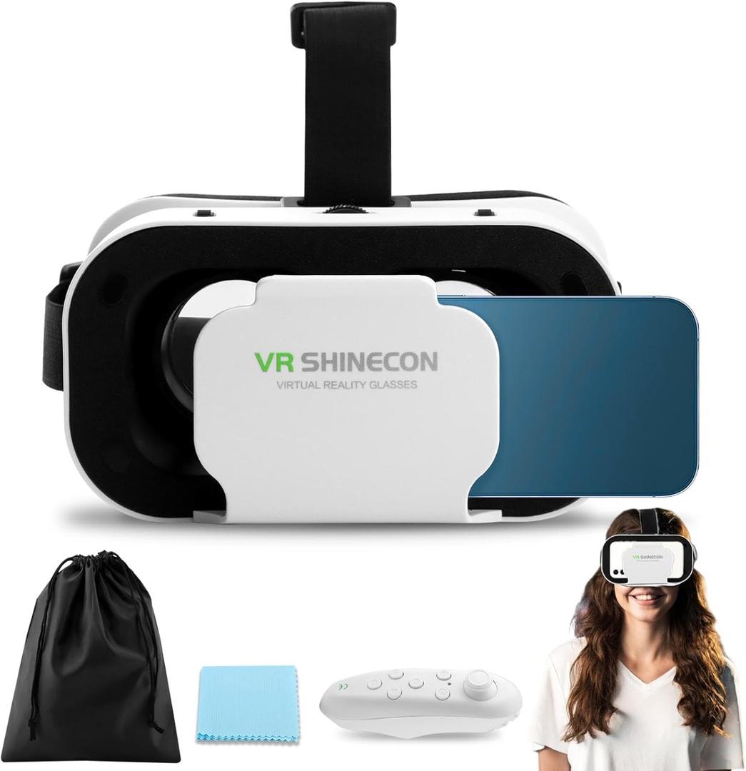 VR Headset, 3D VR Glasses Virtual Reality Headset for Kids & Adults with Controller, Universal Virtual Reality Goggles Compatible 4.7-6.5" for Movies,TV Video Games(Color:White)