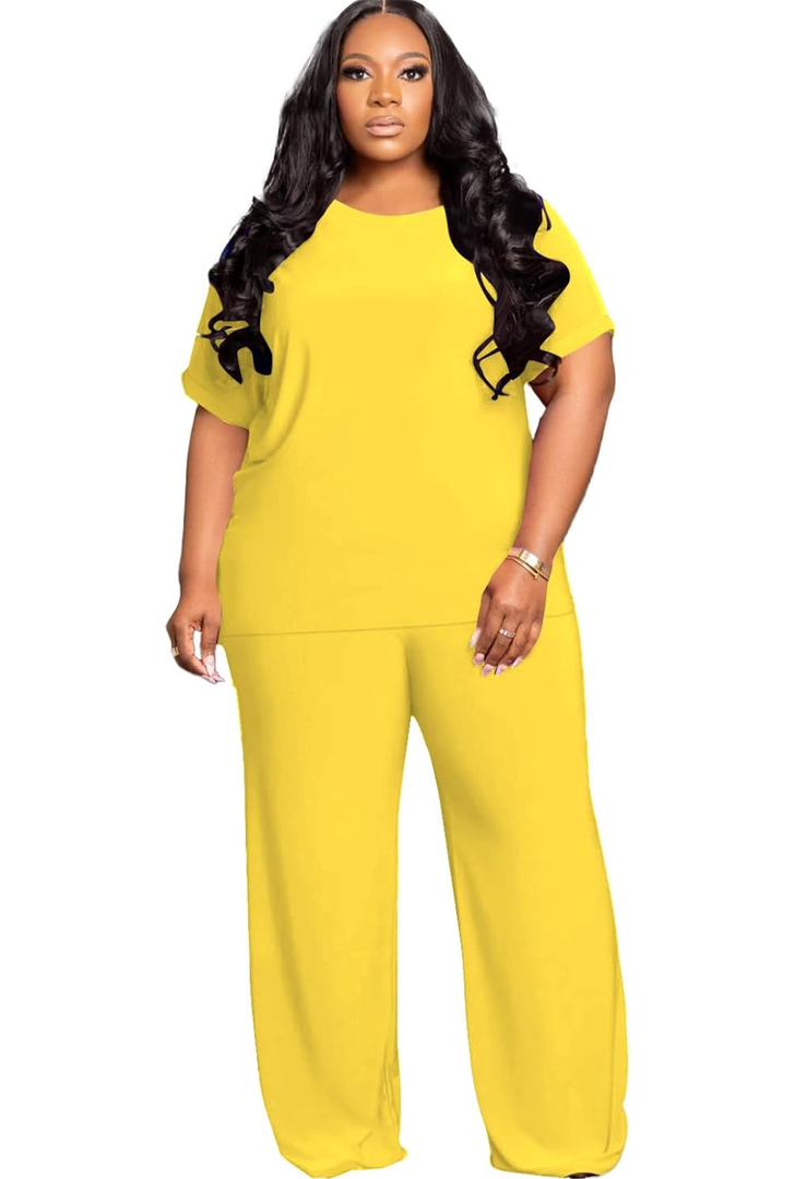 Women's Plus Size Two Piece Outfits Sweatsuits Sets Sexy Backless Short Sleeve Tops Wide Leg Pants Tracksuit Setsq 4XL, Yellow