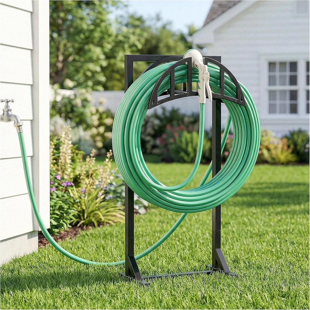 YQSLYSF Garden Hose Holder, Water Hose Stand with 4 Stake and 2 Tool Hooks, Heavy-Duty Metal Hose Storage Holds 150Ft, Freestanding Hose Hanger Rack for Outside, Yard, Lawn, Farm (Black)