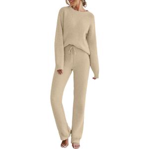 MEROKEETY Womens Pajama Sets 2025 Fall Lounge Sweater Set Cute Fuzzy Fleece 2 Piece Long Sleeve Cozy Winter Pj Outfits (Medium, Khaki)