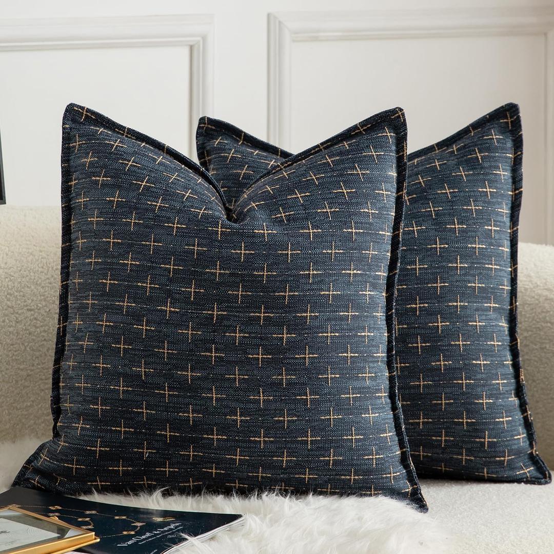 MANDIOO Pack of 2 Burlap Linen Throw Pillow Covers Woven Textured Modern Farmhouse Cushion Covers Pillowcase Decorative Couch Sofa Bed Living Room 16 x 16 Inch Deep Blue