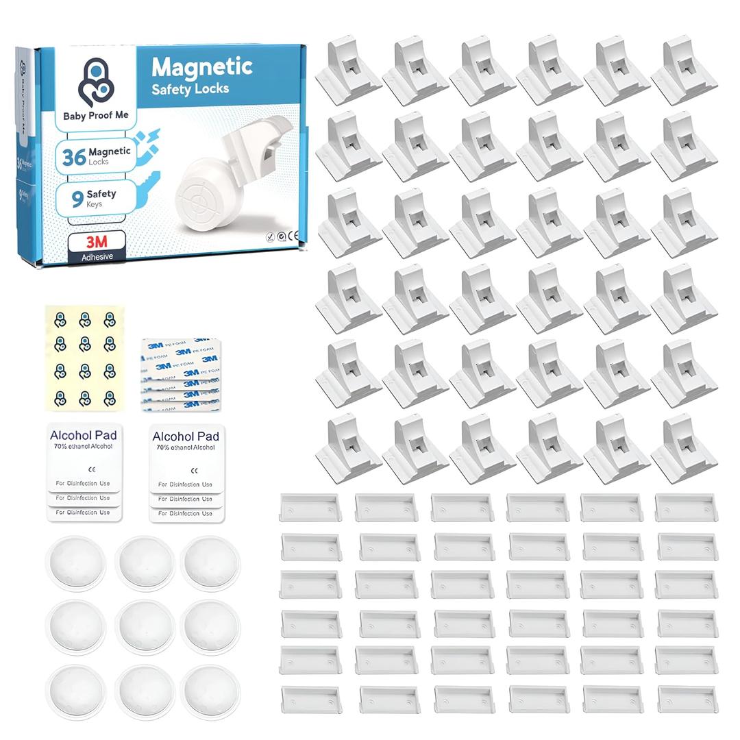 Baby Proof Me 36-Pack Magnetic Cabinet Locks, Baby Proofing Child Safety Locks with 9 Keys, No-Drill 3M Adhesive for Cabinets & Drawers White