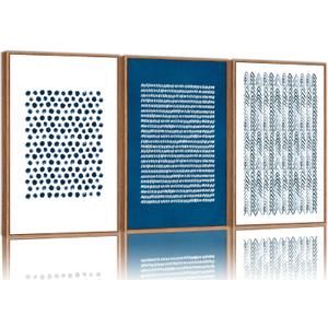 Tinonedraw Navy Blue and White Framed Canvas Wall Art Set, Minimalist Geometric Wall Decor, Neutral Abstract Artwork, Cozy Contemporary Art Prints for Bedroom Living Room Office Above Bed 24"x36"x3