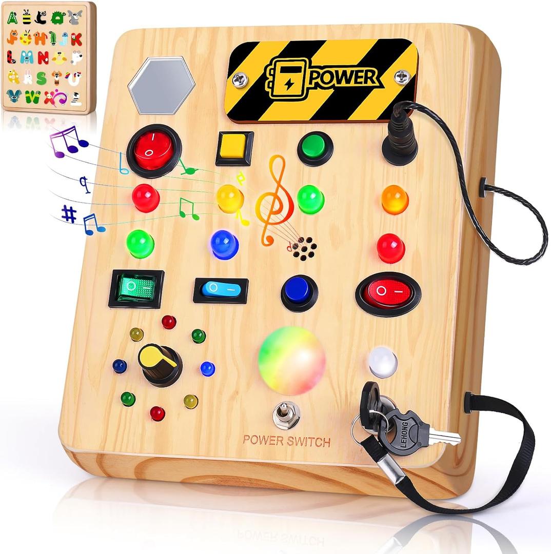 TINTECUSA Busy Board with LED Light, Wooden Sensory Toys for Toddler, Montessori Music Toy for Airplane, Travel Activity Educational Learning Autism Toys, Birthday Boys Girls Gifts