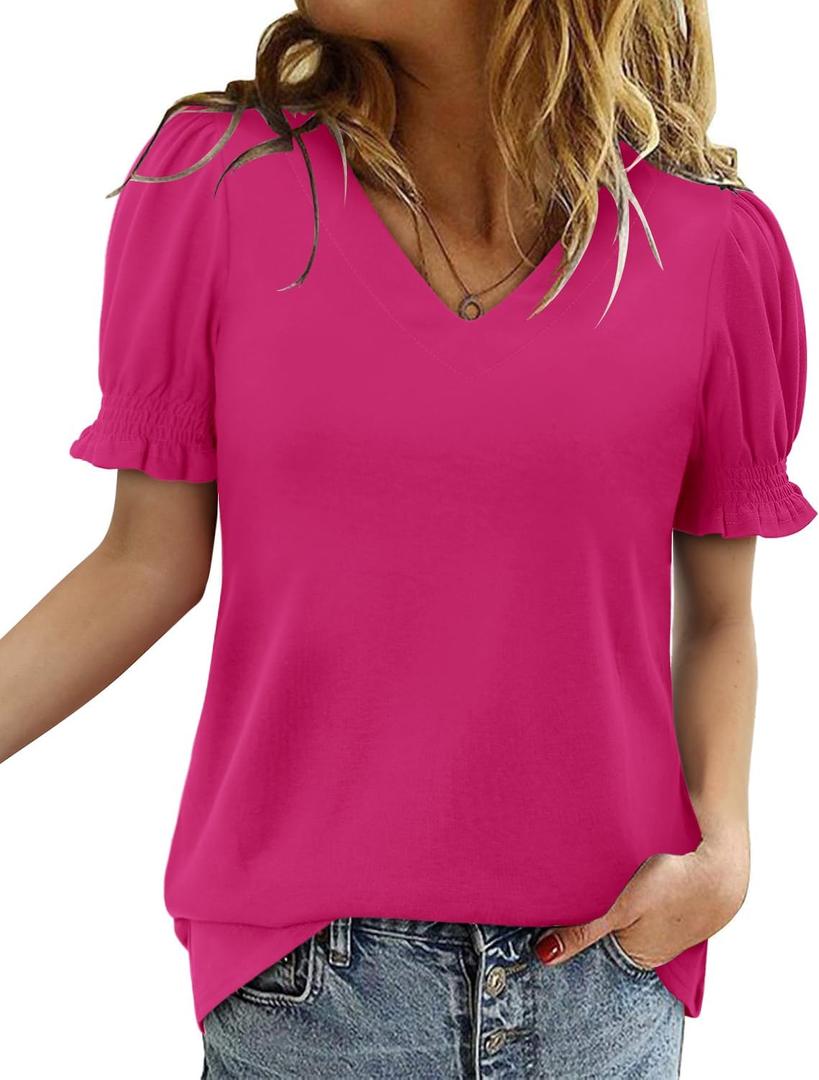 CRAZY GRID Women's Summer Tops Ruffle Short Sleeve 2026 Casual Knit Loose Fit T-Shirt S