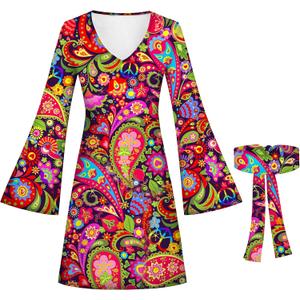 Women Hippie Outfits 70s Vintage Dress With Headband Costume for Party Hallowen (3XL, B02)