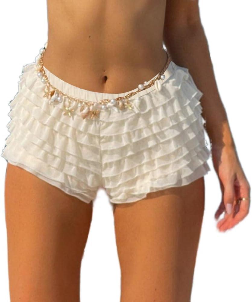 Lace Ruffle Bloomers Women Lolita Mini Shorts Mesh Pumpkin Micro Boy Bottoms Ruffled Pettipants Layered Panties (Large)