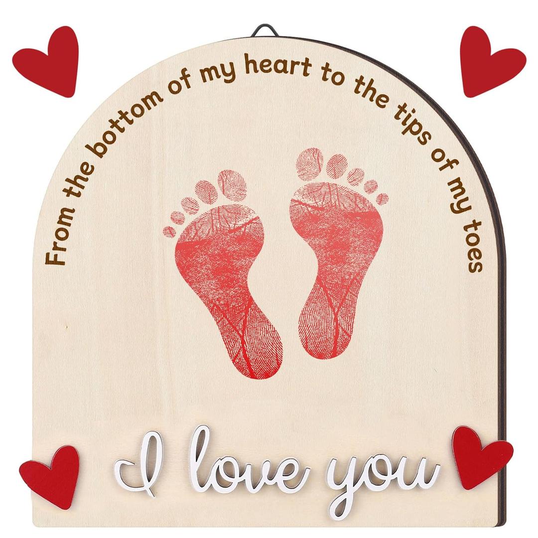 Beeveer St. Patrick's Day Baby's First DIY Footprint Art Wooden Milestone Card Keepsake Little Boo Sign Nursery Decorative Ornaments for Baby Shower Newborn Photoshoot Prop(Valentine's Day Heart)