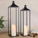 22'' 19'' Large Lanterns Decorative Outdoor Indoor, Set of 2 Black Metal Candle Lanterns Halloween Lanterns Modern Farmhouse Floor Lanterns Decorative for Home Decor, Mantle, Patio, Porch, Garden