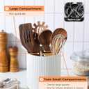 LoeJan 7.5" Utensil Holder, 3 Compartment Ceramic Kitchen Utensil Holder with Cork Bottom, Large Utensil Crock for Countertop, Cooking Tool Organizer Set for Kitchen Counter(White,Vertical Stripe)