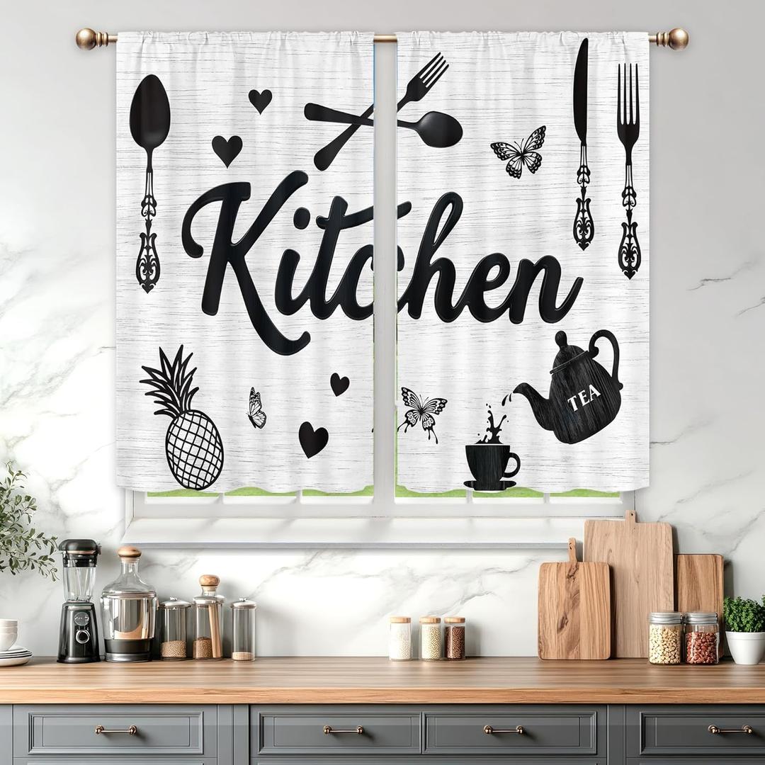 Black and White Kitchen Curtains for Bedroom 27.5Wx39H Inch Rod Pocket Farmhouse Rustic Grey Country Short Small Funny Fork Spoon Wooden 2 Panel Window Treatment Set for Living Room Decor
