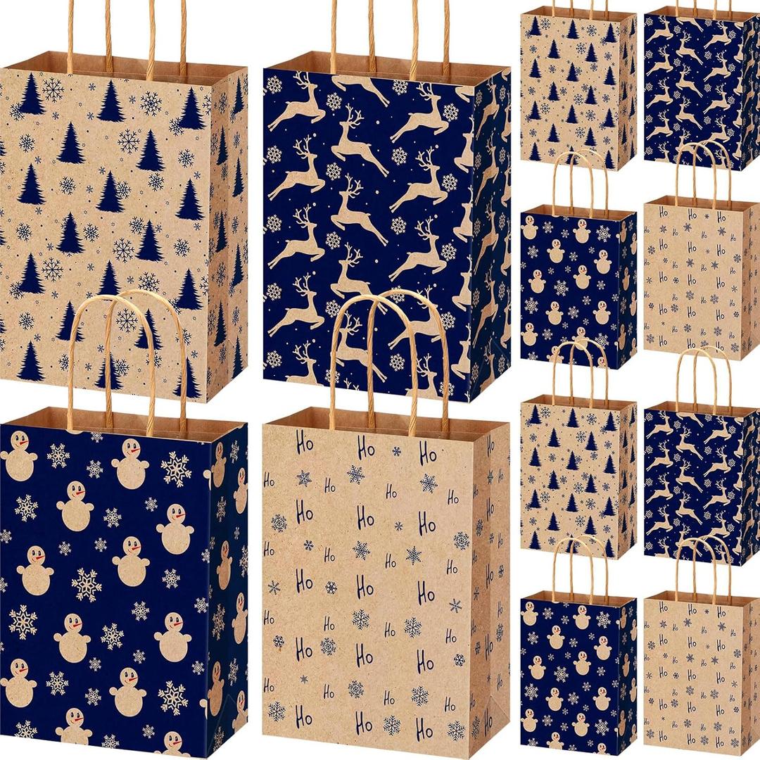 AmazingSpark 48 Pcs Christmas Kraft Gift Bags with Handles 4 Designs 5.91 x 3.15 x 8.27 Inches Xmas Paper Goody Bags Bulk for Treat Red and Green Holiday Party Favors Decoration Supplies(Vintage)