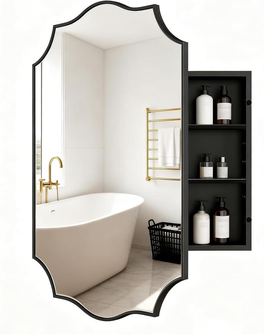 Black Scalloped Edge Vintage Medicine Cabinet Mirror, Decorative Bathroom Storage Cabinet with 2 Adjustable Shelves, Recessed or Surface Mount (Brushed Black, 20x26)