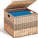 Decorative File Box 14 x 12 x 11 in Wicker Seagrass File Basket Organizer for Letter Size Hand Woven Hanging Filing Cabinet with Lid for Document Folder Home Office Decor, Water Hyacinth, Tricolor