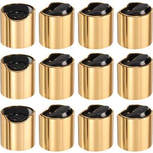 UXcell 12pcs Aluminized Plastic Disc Top Caps, 24/410 Replacement Press Caps Durable Dispensing Lids for Squeeze Bottles, Refillable Bottles, Gold Black
