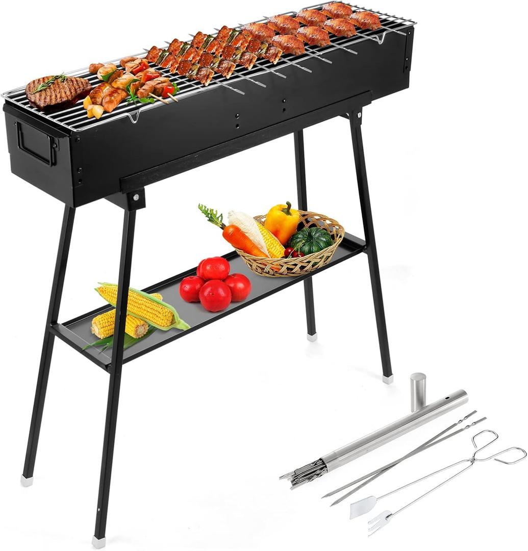 IRONWALLS Portable Charcoal Grills Outdoor Cooking, Rectangular Folded Barbecue Grill 32, Stainless Steel Lamb Skewer Grill with 25pcs Kebab Skewer & Storage Shelf for Camping, Picnic, Commercial Use