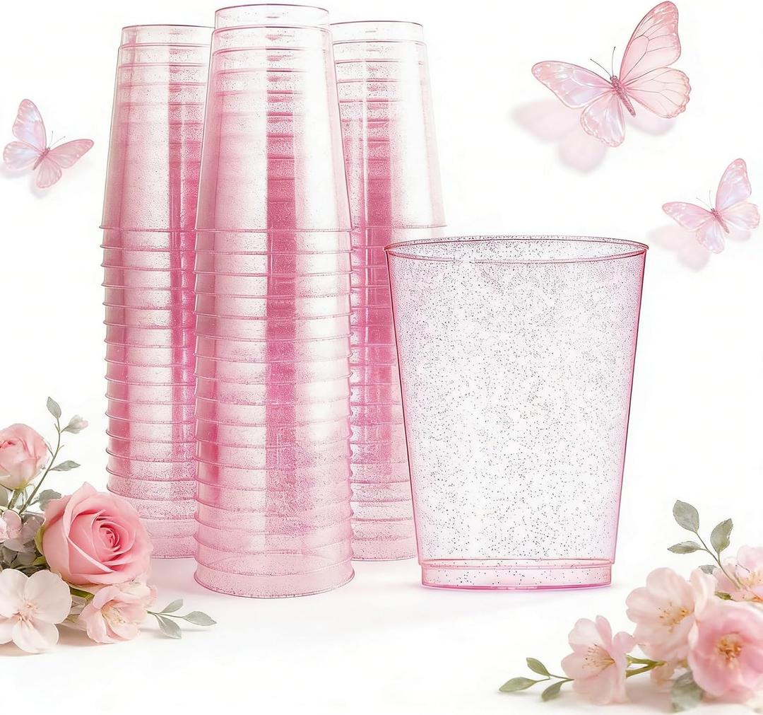 WDF 100pcs 12OZ Rose Gold Cups,Disposable Rose Gold Premium Wedding Glitter Plastic Cups Perfect for Mother's Day Wedding Party Birthday