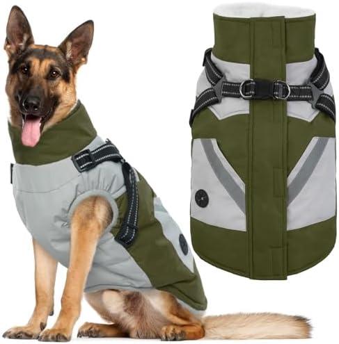 IECOii Dog Coat for Large Dogs Waterproof Dog Winter Jacket with Harness Built in, Green - XXLarge, Thermal Warm Fleece Lined, Reflective Dogs Jackets for Cold Weather Camping, Hiking, Pitbull, 2XL