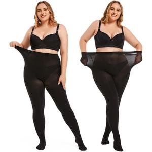 Plus Size Tights for Women 80D Soft Solid Color Opaque Pantyhose High Waist Control Top Stockings 2 Pairs (XX-Large, Black)