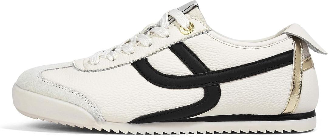 LUCKY STEP Women's Retro Fashion Sneakers Thin Sole Casual Walking Lightweight Tennis Trainers Running Gym Workout Classic Comfortable Athletic Shoes (11, Beige/Black)