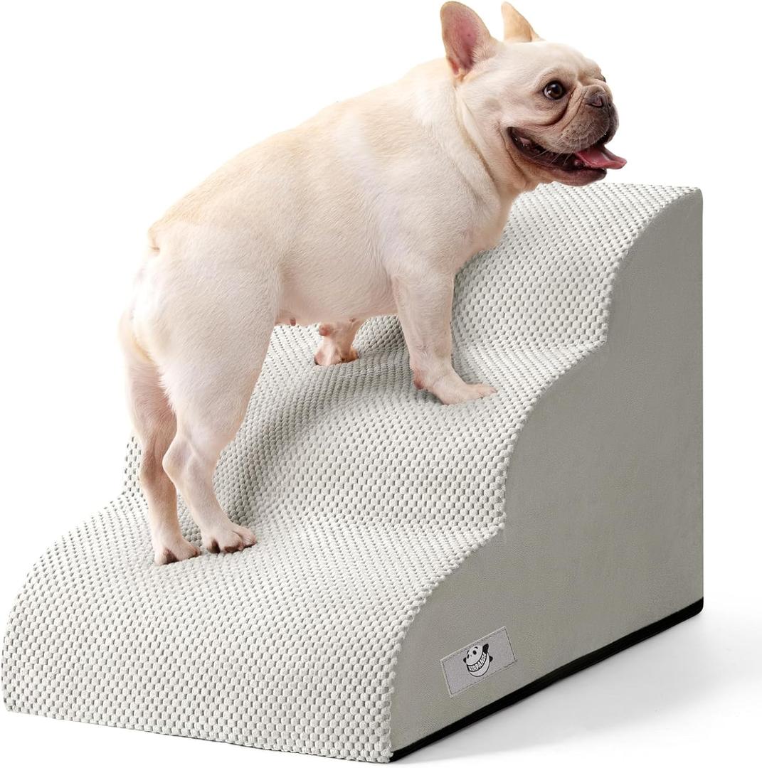Airpanda Dog Stairs for Small Dogs and Cats  3 Step Pet Ramp for Couch & Sofa, Non-Slip Dog Steps for Pets, Washable Cover, High-Density Support Foam for Easy Climbing,Light Grey