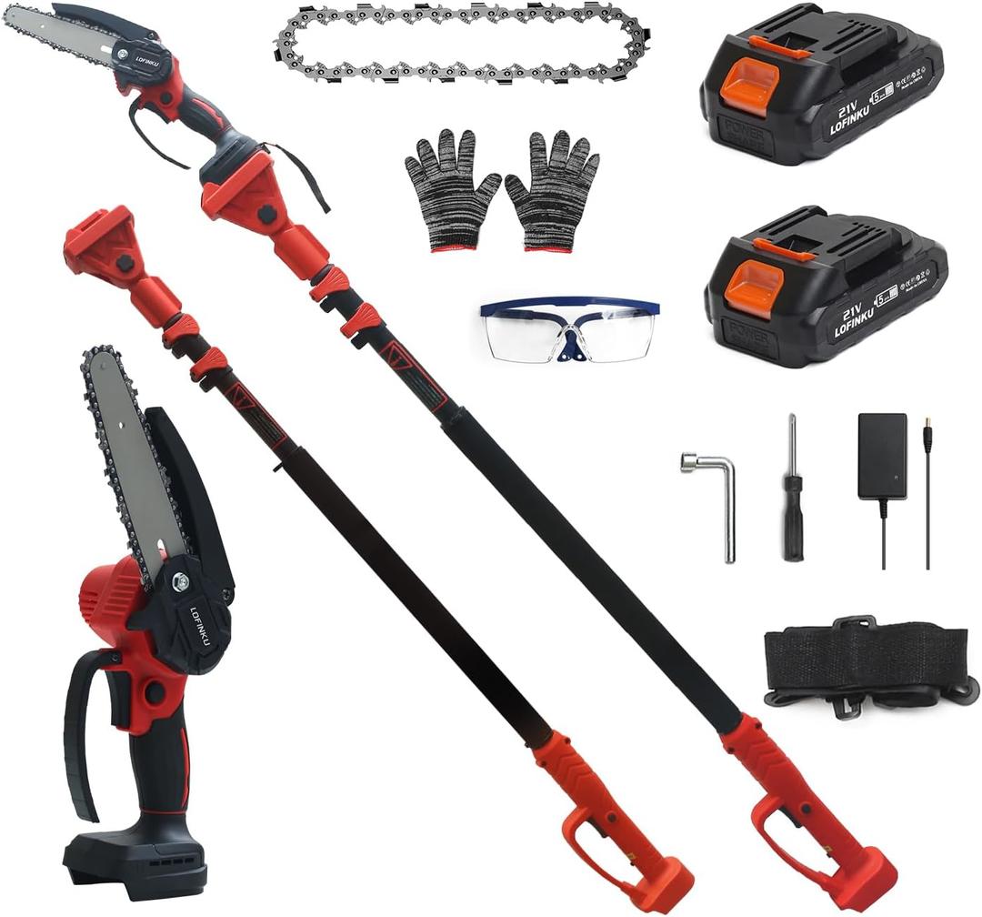 2-in-1 Cordless Pole Saw & Mini Chainsaw for Tree Trimming & Yard Work, Adjustable 1.942.45m Pole, 2 Large Capacity Batteries, Lightweight Pure Copper Motor, Red  Ideal for Homeowners & Gardeners