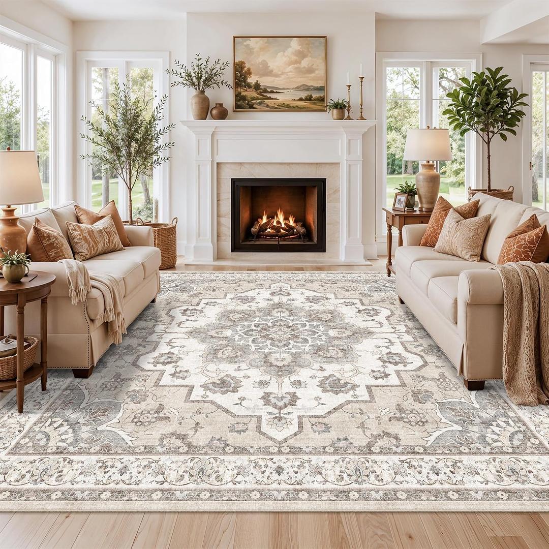 11x11 Living Room Square Rug: Washable Non Slip Stain Resistant Area Rug for Dining Room Bedroom Office High Traffic Area Soft Low Pile Carpet Vintage Distressed Farmhouse Floor Mat (11x11,Beige)