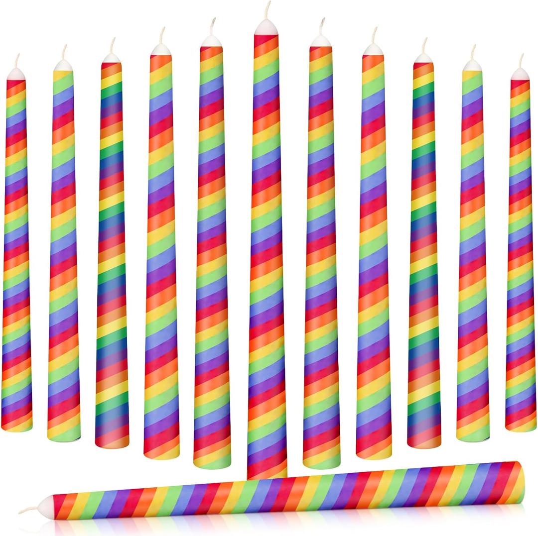 12 Pcs Rainbow Pride Stripe Taper Candles Decor Rainbow Gay Pride Burning Candles 10 Inch Tall Gay Pride Candles Set for Gay Lesbian Celebration Gifts