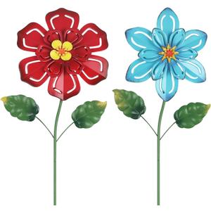 hogardeck Metal Flower Decorative Garden Stakes, 2 Pack 22" Outdoor Garden Decor with Shaking Flower Head Yard Stakes, Yard Art Spring Decorations for Patio Lawn (Blue & Red)