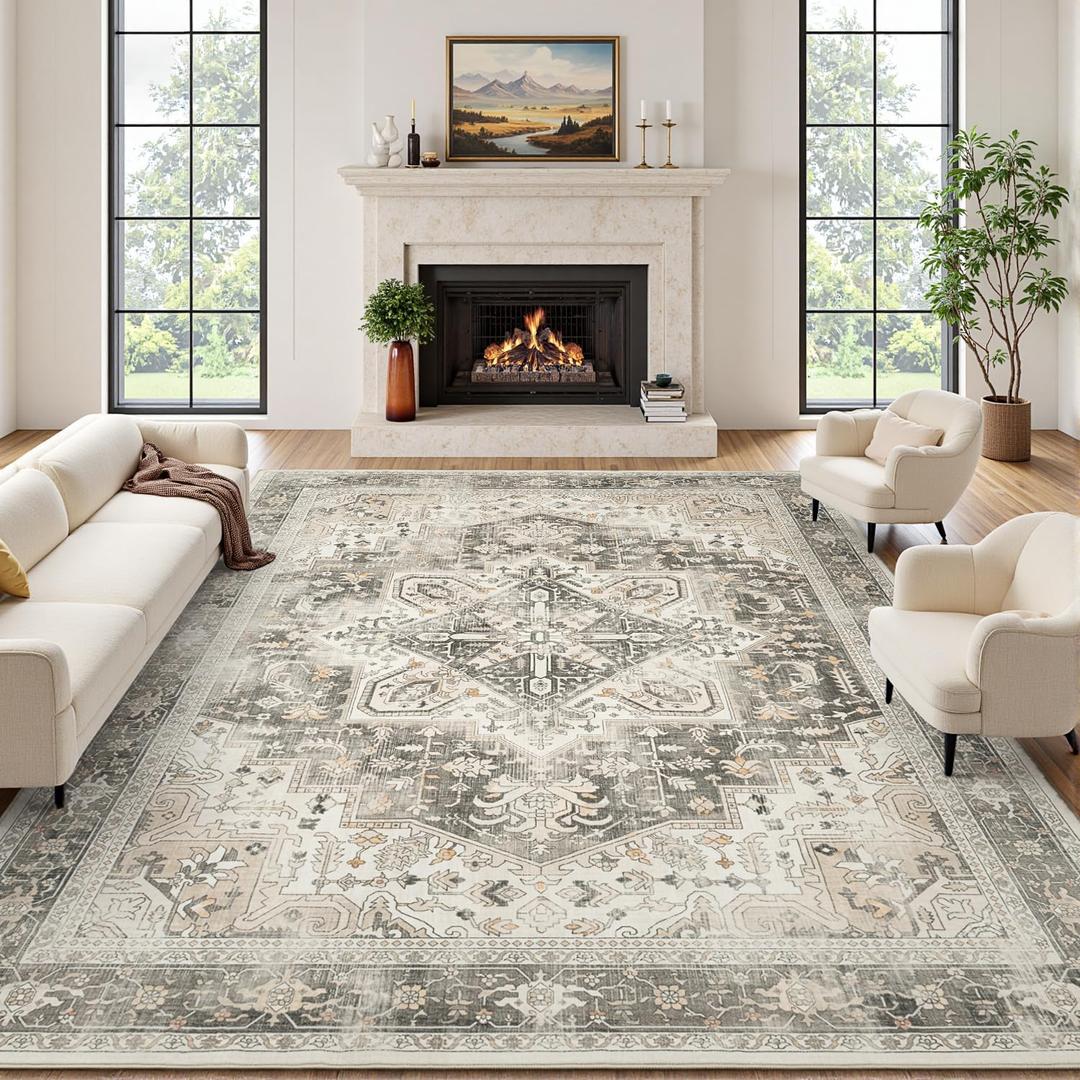 Rugflix 8x10 Area Rugs for Living Room, Machine Washable Rug Non Slip Stain Resistance, Large Rug Vintage Distressed Soft Carpet for Bedroom, Dining Room, Home Office, Beige Grey