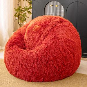 Burnt Orange Plush Bean Bag Chair Covers (No Filler), Comfy Faux Fur Burnt Orange Bean Bag Chair Cover For Bedroom, Stuffed Animal Storage, Kids Adults Teens Girls Bean Bag Chairs, Anti-Slip