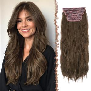 FESHFEN Clip in Hair Extensions for Women - 4 Pcs Thick Double Weft Long Wavy Soft Synthetic Blends Well Hair Extension, 24 inch Chestnut Brown