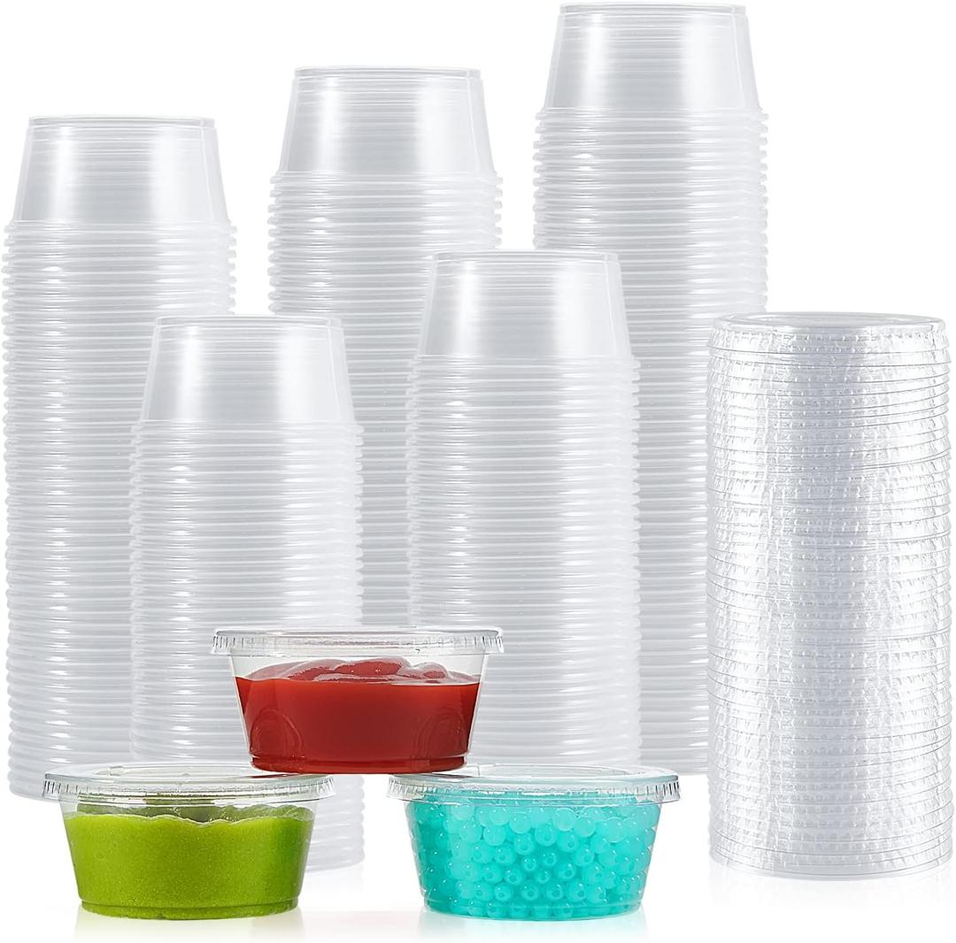 200 Sets 3.25 oz Plastic Portion Cups with Lids, 3.25 oz Plastic Sauce Cups, Jelly Shot, Disposable Condiment Containers for Food Sample, 3.25 oz - 200 pack