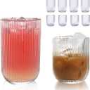 Set of 8 Ribbed Glassware,4 Highball Glasses 14oz & 4 Rocks Drinking Glasses 9oz, Clear, Origami Style, Fluted Design, for Milk, Water, Cocktail, Juice, Beer, ToothBrush Cup, Gift