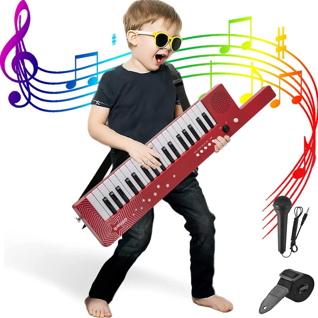 Portable Piano Keyboard 37 keys, Electronic Karaoke Keytar Toys w/Microphone & Carry Strap, 4 Tones, 4 Rhythms, 10 Demo Songs, Rechargeable, Guitar Birthday Gifts for Boys Girls Kid Age 3+, Red