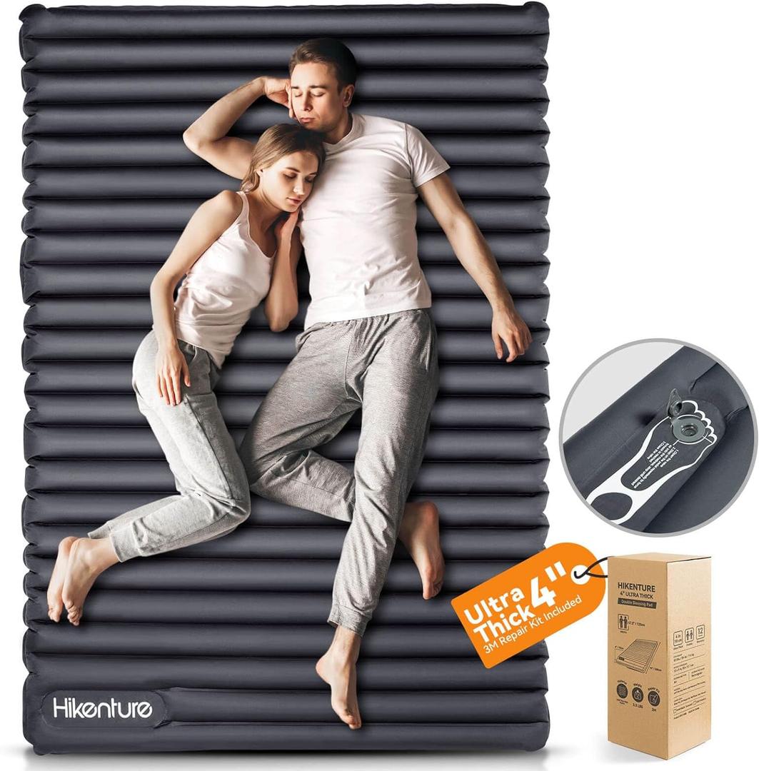 Hikenture Double Sleeping Pad for Camping, 4" Extra-Thick Camping Mattress 2 Person, Inflatable & Ultralight Sleeping Mat for Backpacking, Hiking (Grey Foot Pump, Full XL) (Full XL)