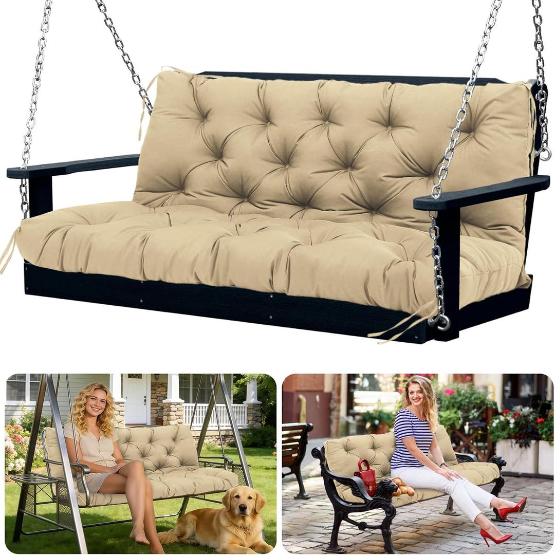 Porch Swing Cushions Replacement 60 inch with Backrest Extra Thick 5" Waterproof 3 Seater Swing Cushions for Outdoor Furniture Patio Bench (Khaki 60x40x5inch)