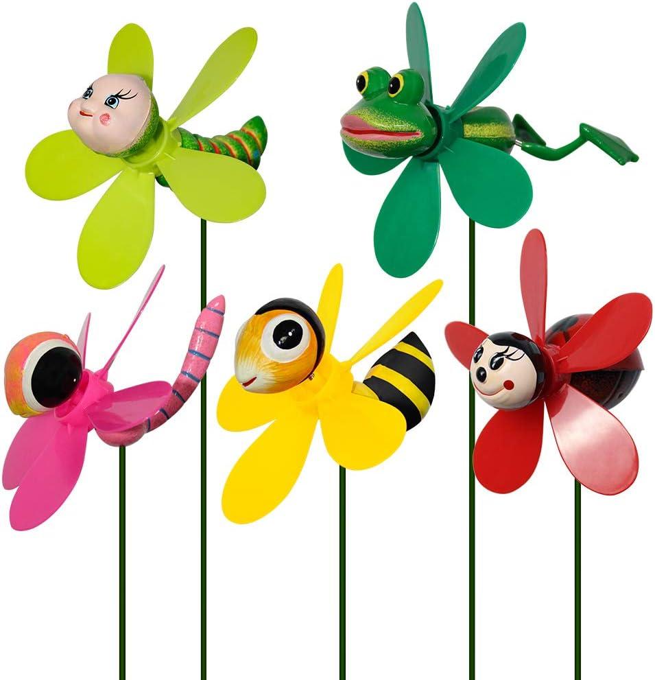 Garden Decor Pinwheels, 5-Pack Colorful 3D Lovely Insect Whirligigs Wind Spinners Outdoor Pinwheels for Yard and Garden Wind Spinners for Yard Lawn Decorations (5PCS Mix Set)