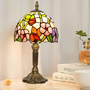 Small Tiffany Table Lamp,3 Color Temperature,8 Inch Antique Stained Glass Lamp for Bedroom Living Room Home,Handcrafted Light,Included E26 Bulb (Four Leaf Flower)