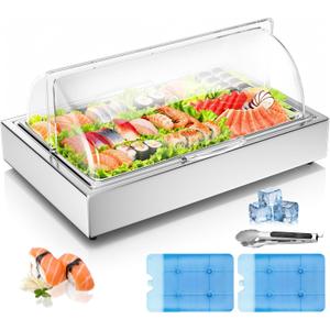 Ice Food Serving Display Tray with Clear Roll Top Cover, 1 x 1 Pan Stainless Steel Cold Food Buffet Condiment Dispenser Display Rack with 1 Clip & 2 Ice Trays for Restaurant Hotel Kitchen Party