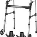 Folding Walker with 2 Skis and 5" Wheels, Lightweight Walkers for Seniors and Adults, Supports Up to 350 Pounds, Adjustable Height, Compact Standard Walker, Black